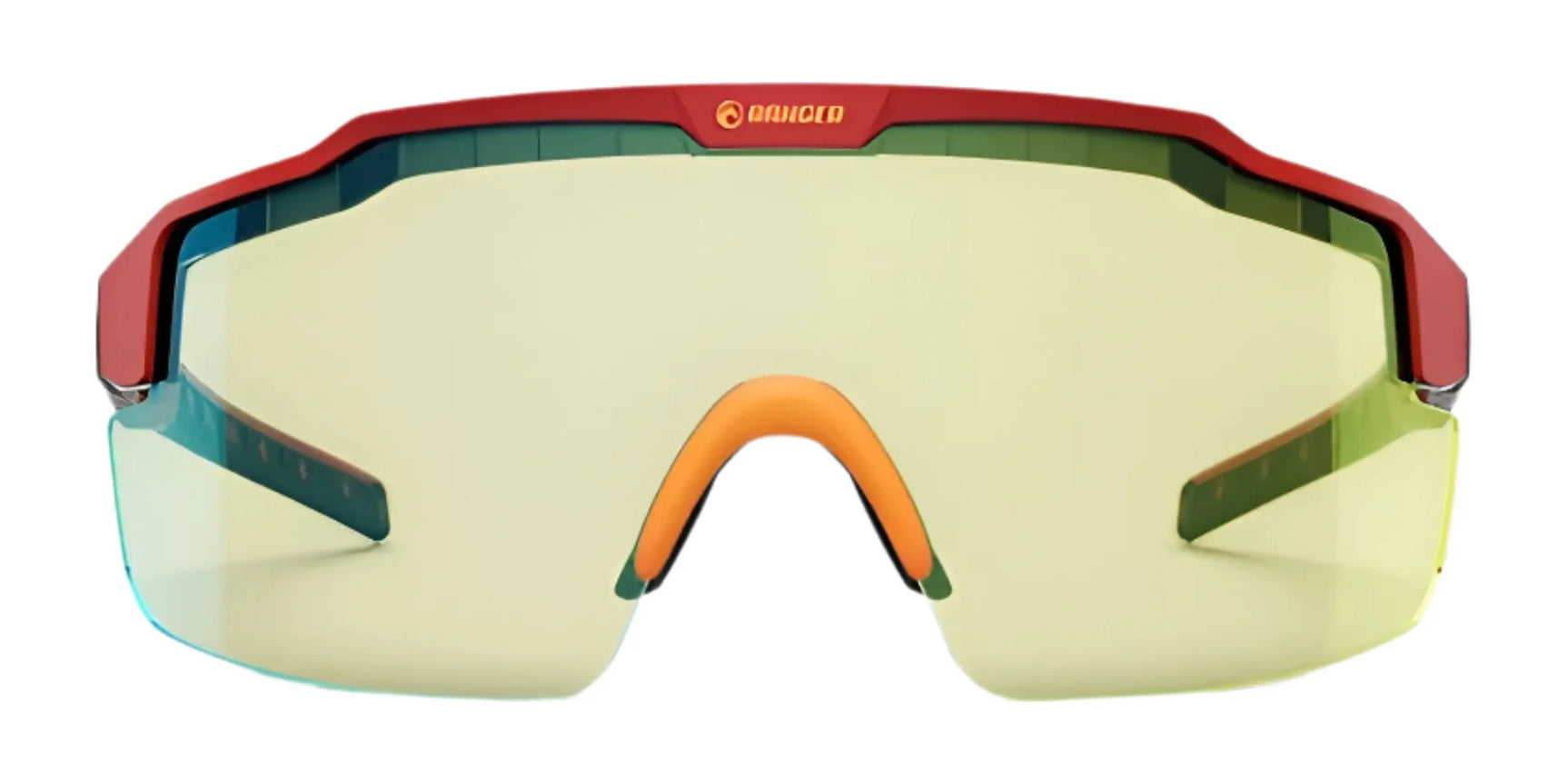The RE Ranger SuperShot Shooting Glasses by RE Ranger feature ClaySight lenses, a red and green magnetic interchangeable frame, yellow-tinted lens, and orange nose piece, shown from the front.