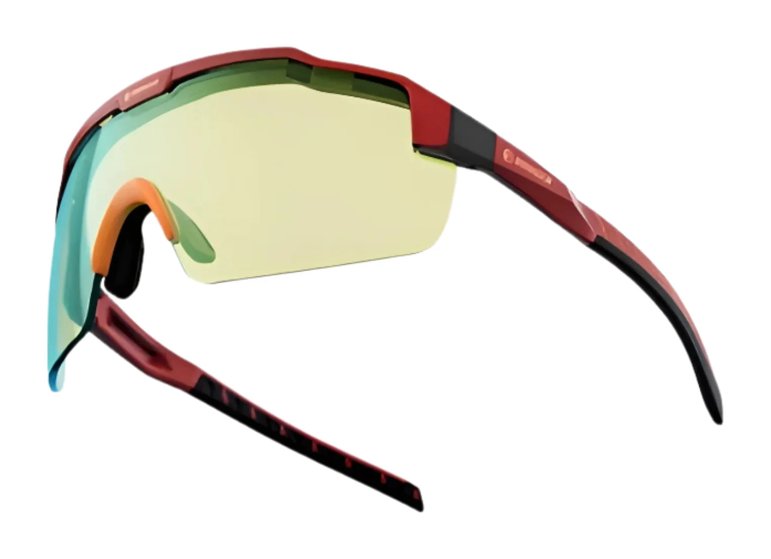 RE Ranger SuperShot Shooting Glasses by RE Ranger, shown from the side, feature red sport frames with black details, yellow-tinted semi-rimless ClaySight lenses, and a magnetic interchangeable design. RE Ranger SuperShot Shooting Glasses by RE Ranger, shown from the side, feature red sport frames with black details, yellow-tinted semi-rimless ClaySight lenses, and a magnetic interchangeable design.