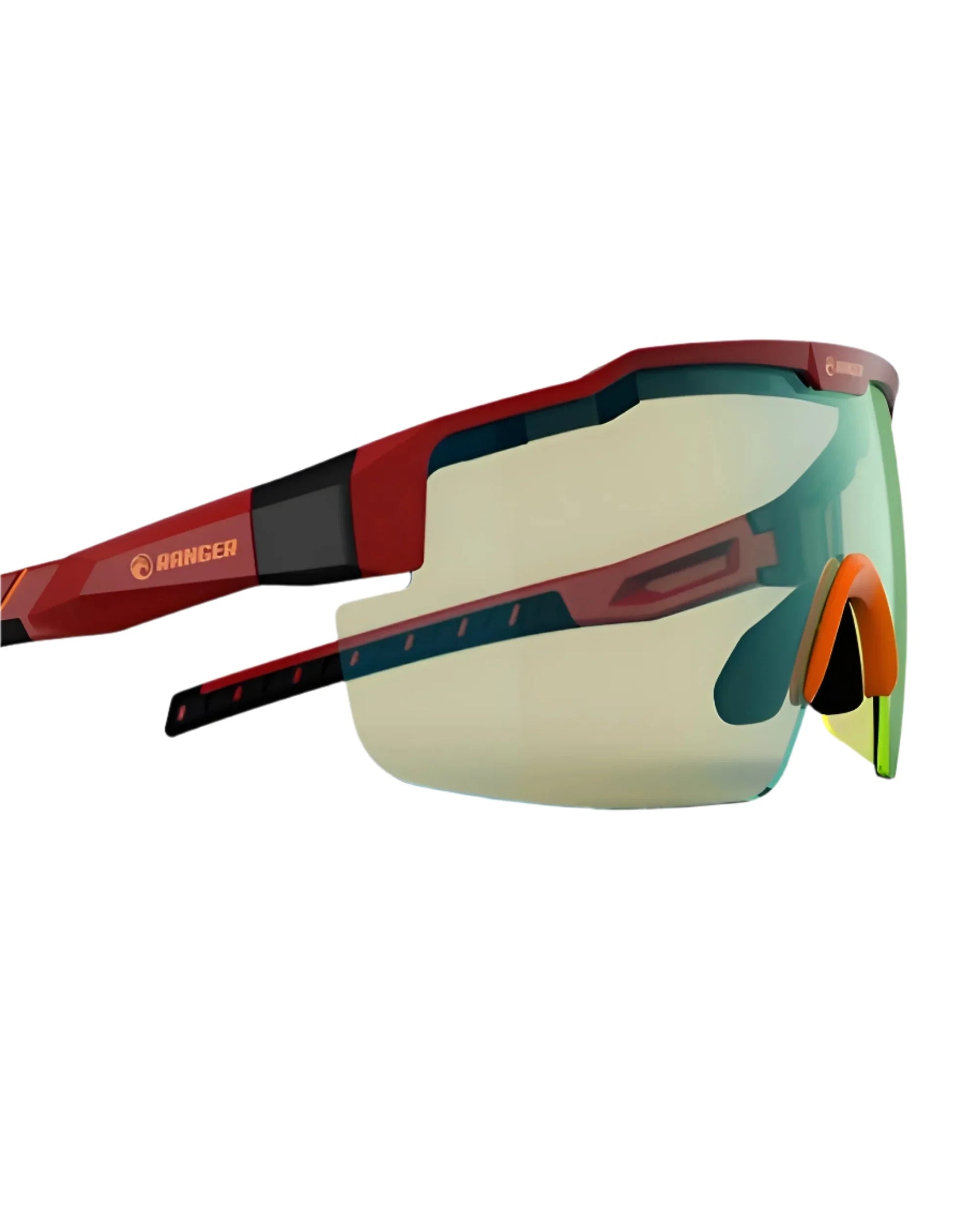 RE Ranger SuperShot Shooting Glasses by RE Ranger in red and black, featuring a large tinted wraparound ClaySight lens and orange nose pads, shown on a white background.