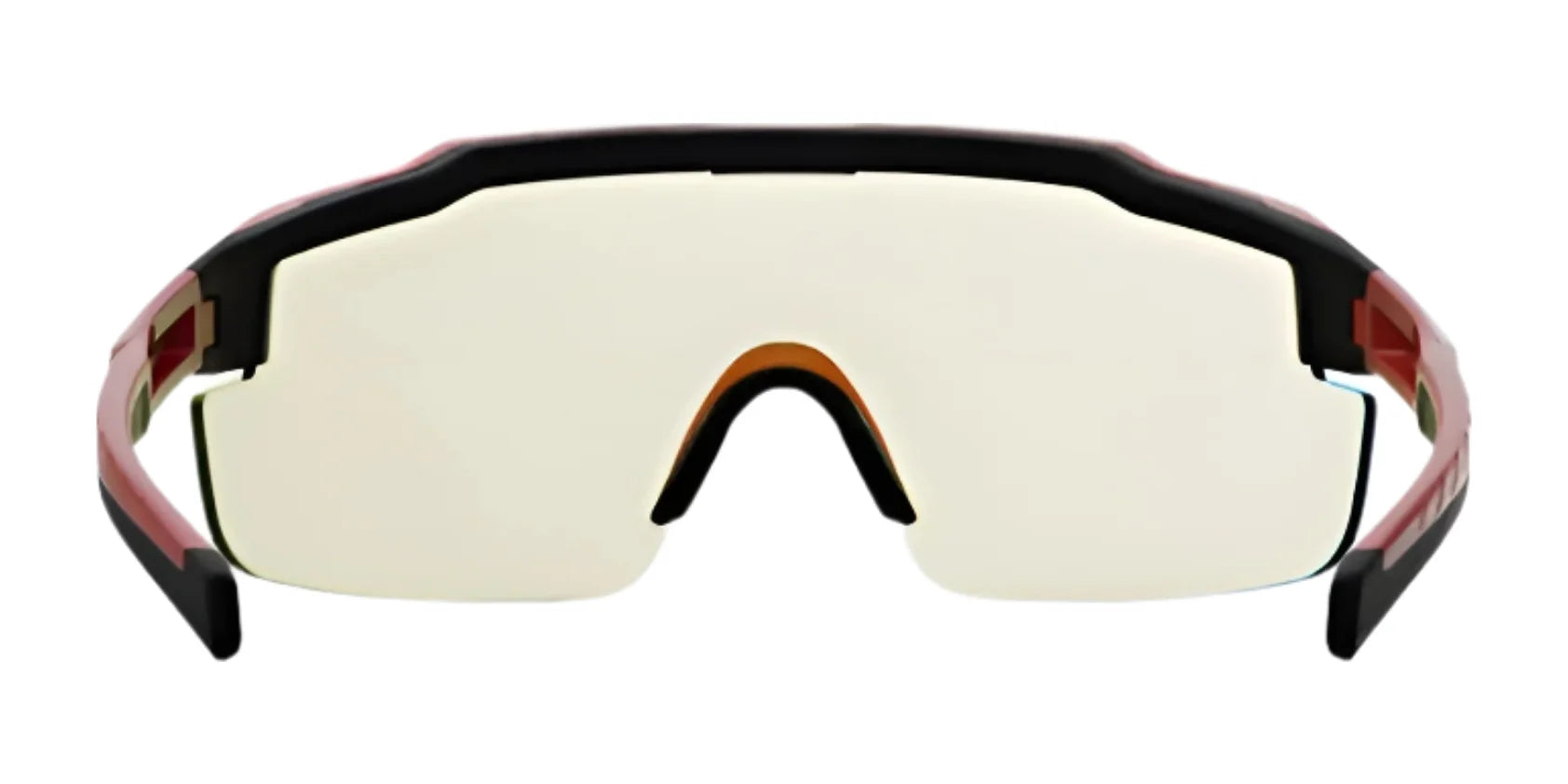 The RE Ranger SuperShot Shooting Glasses by RE Ranger feature a sporty wraparound design, single wide ClaySight lens, black frame with red accents, and a magnetic interchangeable frame, ideal for active lifestyles. Shown on a white background. The RE Ranger SuperShot Shooting Glasses by RE Ranger feature a sporty wraparound design, single wide ClaySight lens, black frame with red accents, and a magnetic interchangeable frame, ideal for active lifestyles. Shown on a white background.