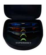 Three RE Ranger SuperShot Shooting Glasses with magnetic interchangeable frames and ClaySight lenses, neatly arranged in a black RE Ranger zip case, viewed from above.