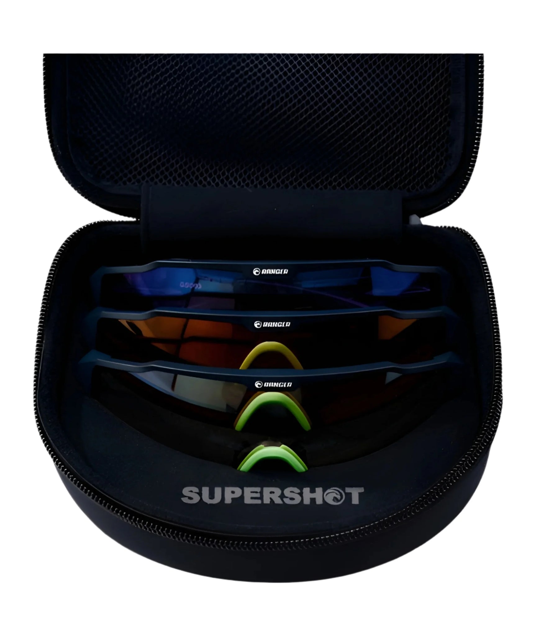 Three RE Ranger SuperShot Shooting Glasses with magnetic interchangeable frames and ClaySight lenses, neatly arranged in a black RE Ranger zip case, viewed from above. Three RE Ranger SuperShot Shooting Glasses with magnetic interchangeable frames and ClaySight lenses, neatly arranged in a black RE Ranger zip case, viewed from above.