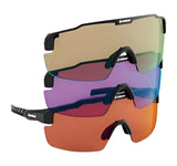 Three pairs of RE Ranger SuperShot Shooting Glasses, featuring gold, purple, and orange reflective lenses, are stacked together. Magnetic interchangeable frames allow effortless style swaps from the RE Ranger brand.
