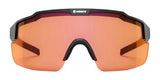 Front view of RE Ranger SuperShot Shooting Glasses by RE Ranger, featuring ClaySight lenses, an orange tint, sleek black wraparound design, and a magnetic interchangeable frame for easy lens changes.