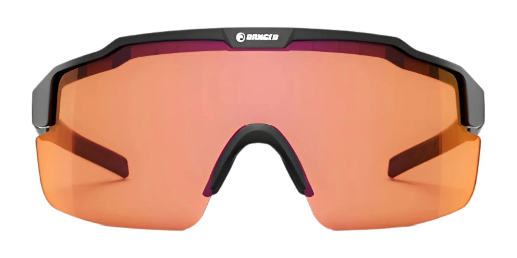 Front view of RE Ranger SuperShot Shooting Glasses by RE Ranger, featuring ClaySight lenses, an orange tint, sleek black wraparound design, and a magnetic interchangeable frame for easy lens changes.