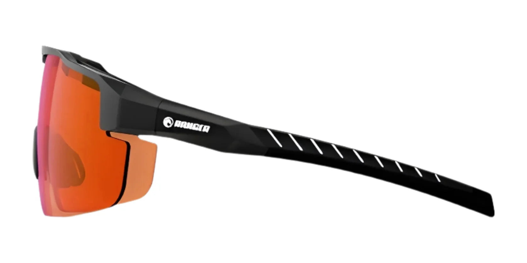 Side view of RE Ranger SuperShot Shooting Glasses: black sports sunglasses with orange ClaySight lenses, white diagonal stripes on the arm, and a magnetic interchangeable frame. Side view of RE Ranger SuperShot Shooting Glasses: black sports sunglasses with orange ClaySight lenses, white diagonal stripes on the arm, and a magnetic interchangeable frame.
