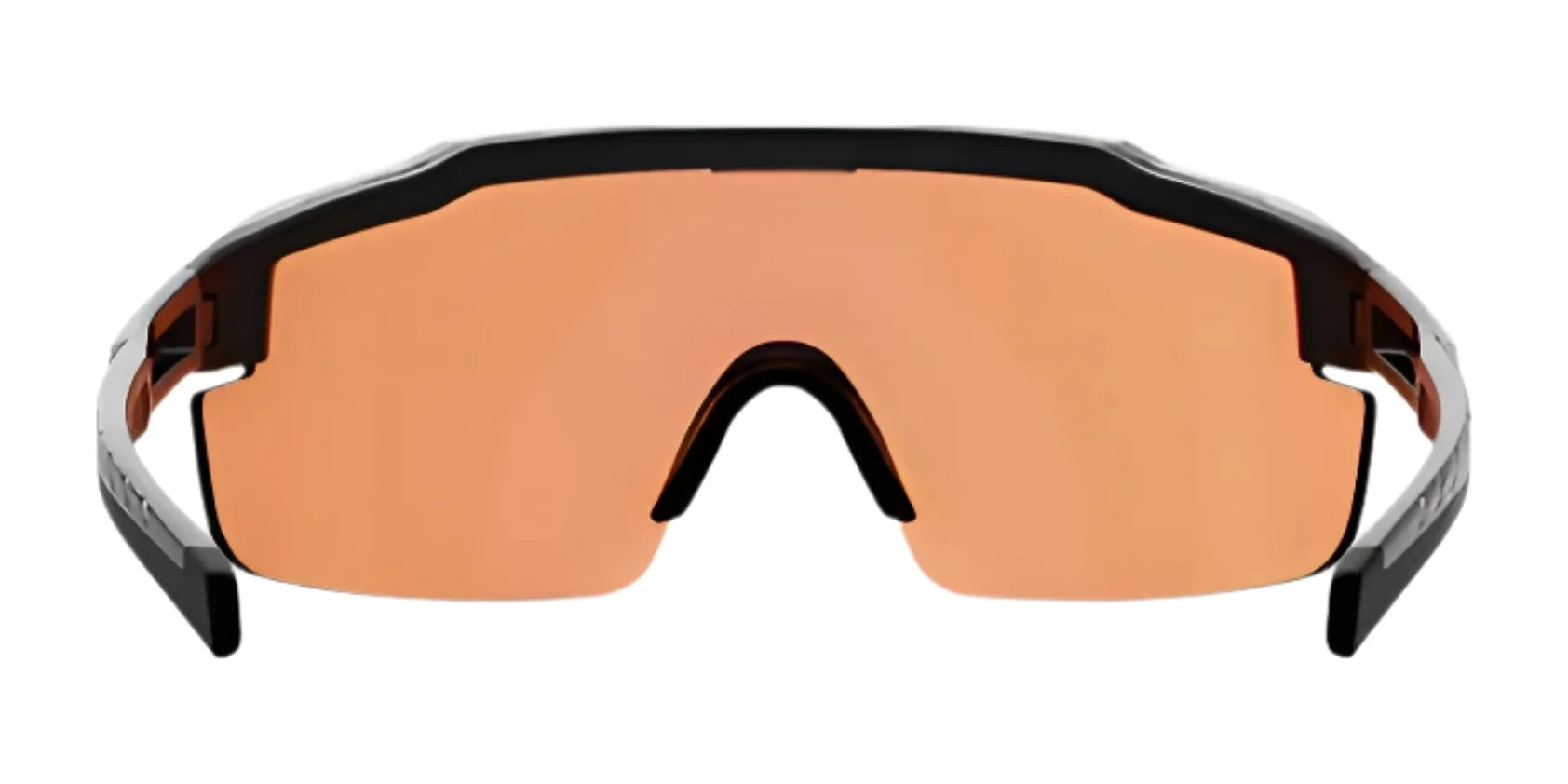 Front view of RE Ranger SuperShot Shooting Glasses with a large, orange-tinted ClaySight lens and a sleek black magnetic interchangeable frame by RE Ranger.
