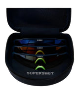 Three pairs of RE Ranger SuperShot Shooting Glasses with magnetic interchangeable frames and ClaySight lenses in a black case with a mesh pocket inside the lid.