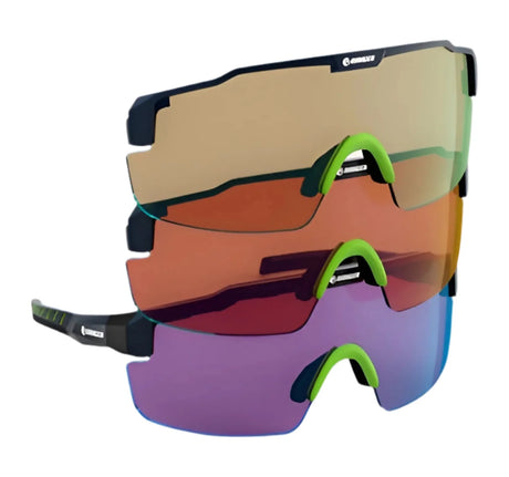 The RE Ranger SuperShot Shooting Glasses feature three interchangeable ClaySight lenses, each with a different tint, a green nose piece, and a magnetic frame for quick changes—ideal for top shooting performance.