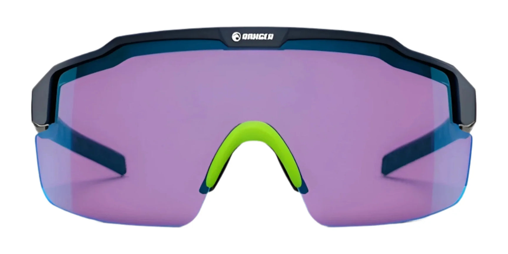 The RE Ranger SuperShot Shooting Glasses by RE Ranger feature a single ClaySight lens, black frame, and green nosepiece in a purple sports sunglasses design, shown from the front.