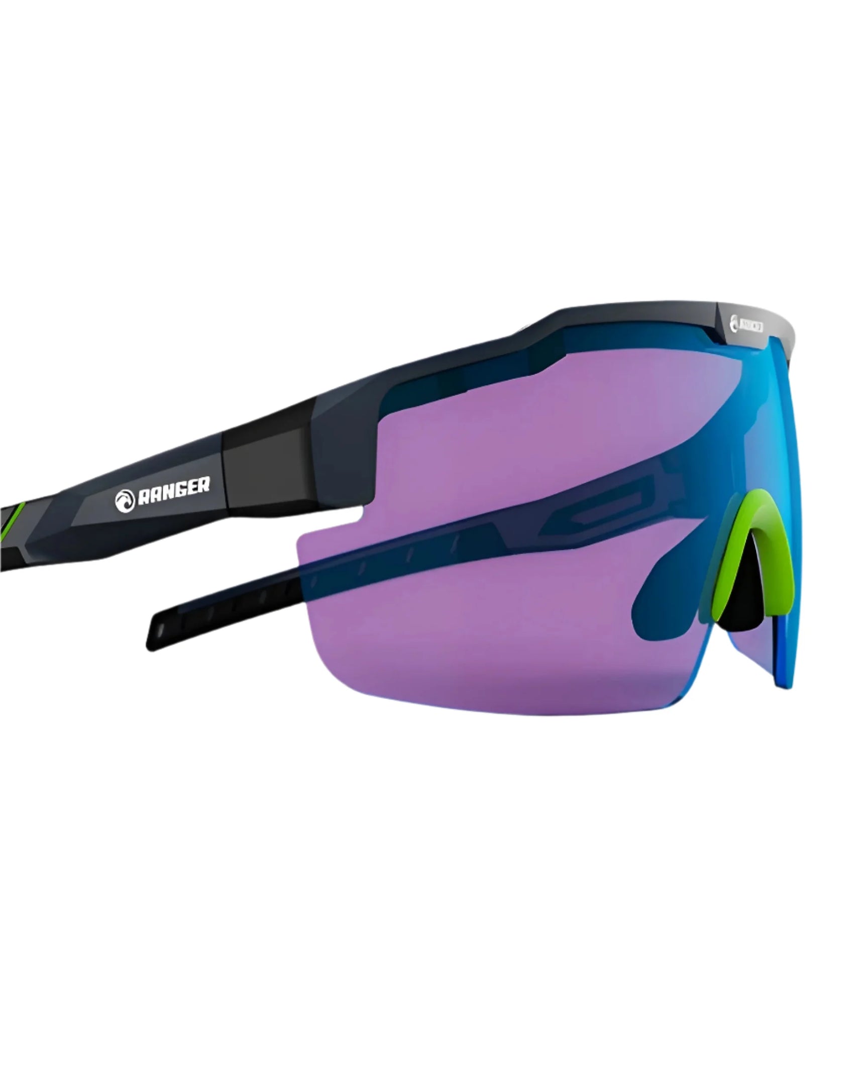 RE Ranger SuperShot Shooting Glasses by RE Ranger feature a black SuperShot frame, blue and purple ClaySight lenses, plus green accents, shown on a white background. RE Ranger SuperShot Shooting Glasses by RE Ranger feature a black SuperShot frame, blue and purple ClaySight lenses, plus green accents, shown on a white background.