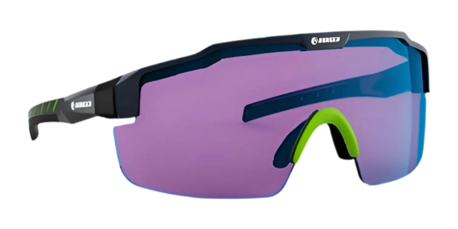 The RE Ranger SuperShot Shooting Glasses feature blue and purple ClaySight lenses, a black magnetic interchangeable frame, and green accents on the nose and arms. The RE Ranger SuperShot Shooting Glasses feature blue and purple ClaySight lenses, a black magnetic interchangeable frame, and green accents on the nose and arms.