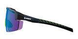 Side view of RE Ranger SuperShot Shooting Glasses by RE Ranger, featuring sporty black frames with purple ClaySight lenses, green diagonal stripes on the arms, and a magnetic interchangeable frame for quick style changes.