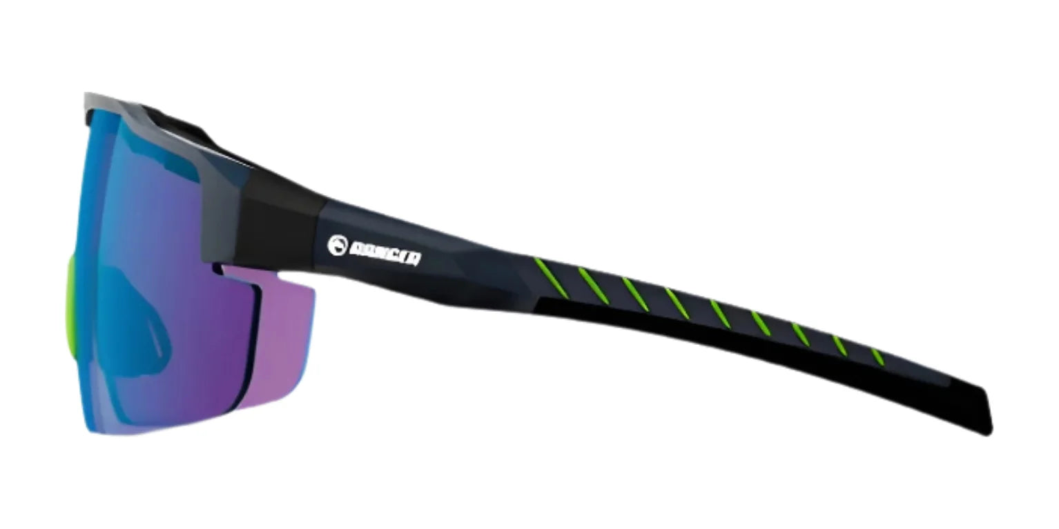 Side view of RE Ranger SuperShot Shooting Glasses by RE Ranger, featuring sporty black frames with purple ClaySight lenses, green diagonal stripes on the arms, and a magnetic interchangeable frame for quick style changes. Side view of RE Ranger SuperShot Shooting Glasses by RE Ranger, featuring sporty black frames with purple ClaySight lenses, green diagonal stripes on the arms, and a magnetic interchangeable frame for quick style changes.
