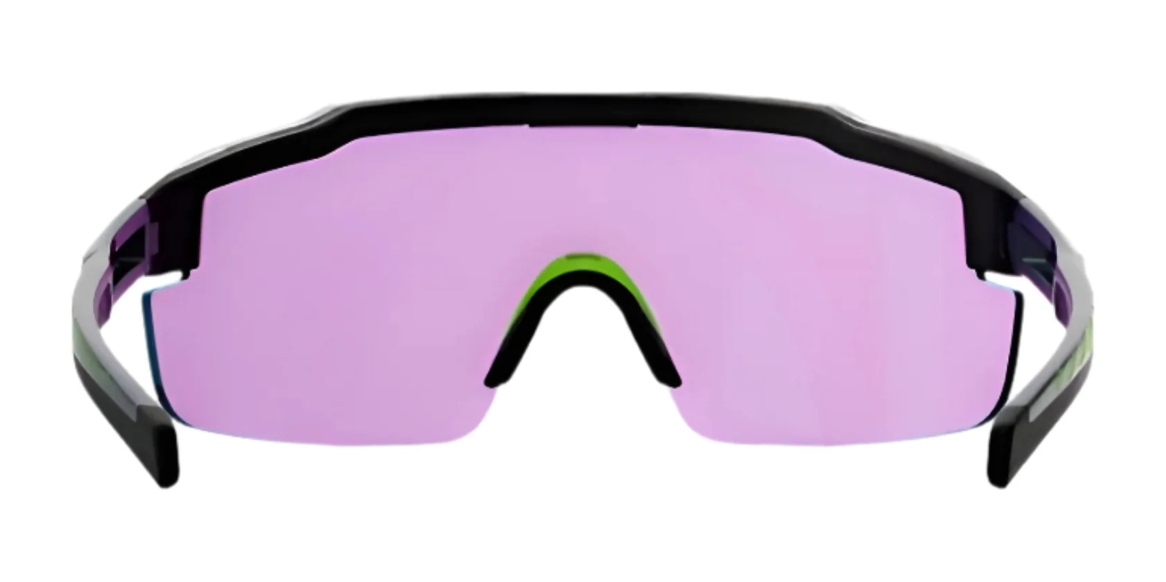 RE Ranger SuperShot Shooting Glasses by RE Ranger shown from the front, featuring a black frame, single pink-tinted ClaySight lens, and green nose pad. RE Ranger SuperShot Shooting Glasses by RE Ranger shown from the front, featuring a black frame, single pink-tinted ClaySight lens, and green nose pad.