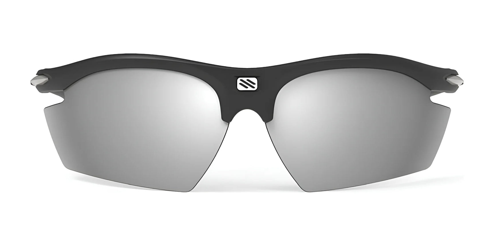 Rudy Project Rydon Sunglasses by Rudy Project feature a sleek black frame, mirrored lenses, and adjustable anti-slip nosepads, shown on a white background.