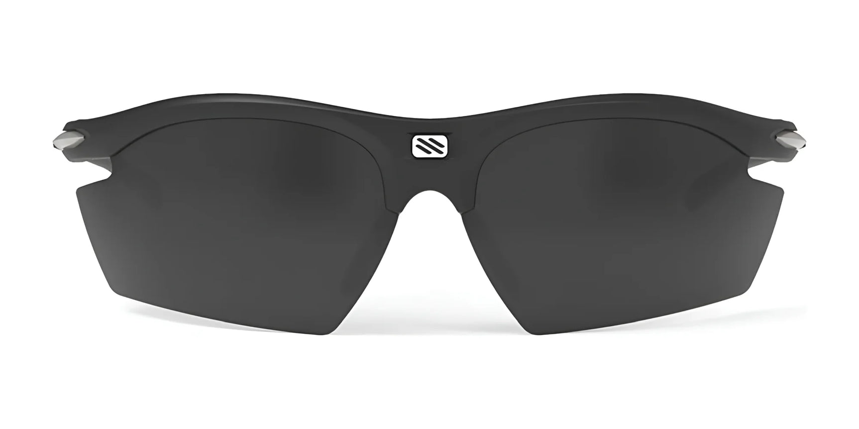 Rudy Project Rydon Sunglasses by Rudy Project are black wraparound sports shades with dark lenses and adjustable anti-slip nosepads for a secure fit, shown on a white background.