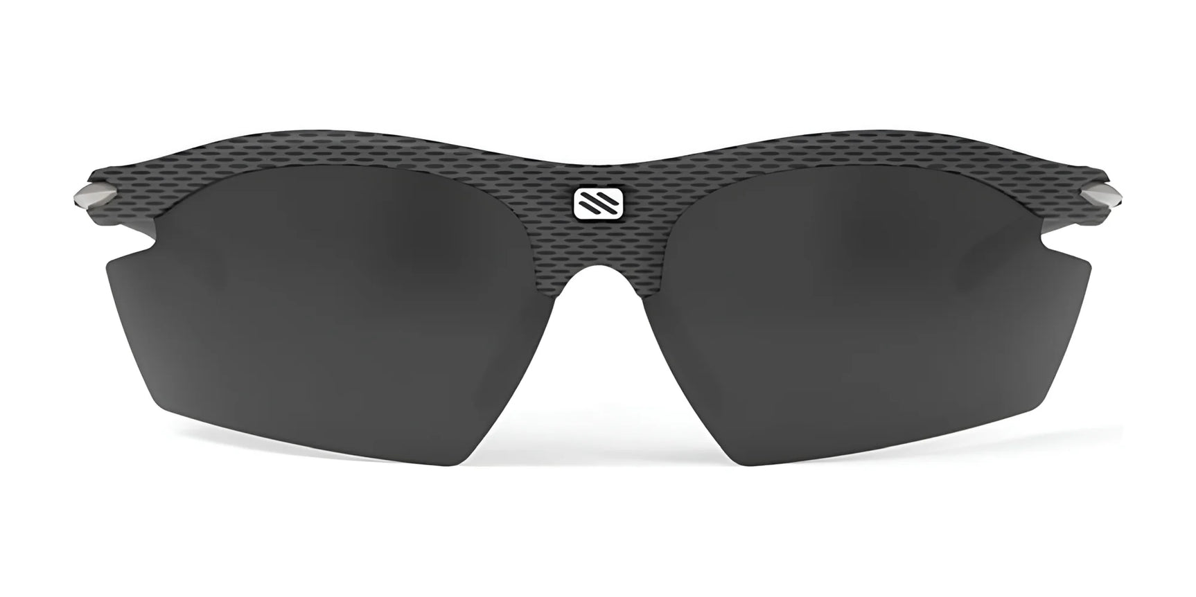 Rudy Project Rydon Sunglasses by Rudy Project feature dark, semi-rimless lenses, a textured carbon-fiber-look frame, and adjustable anti-slip nosepads for a secure fit, shown against a white background.