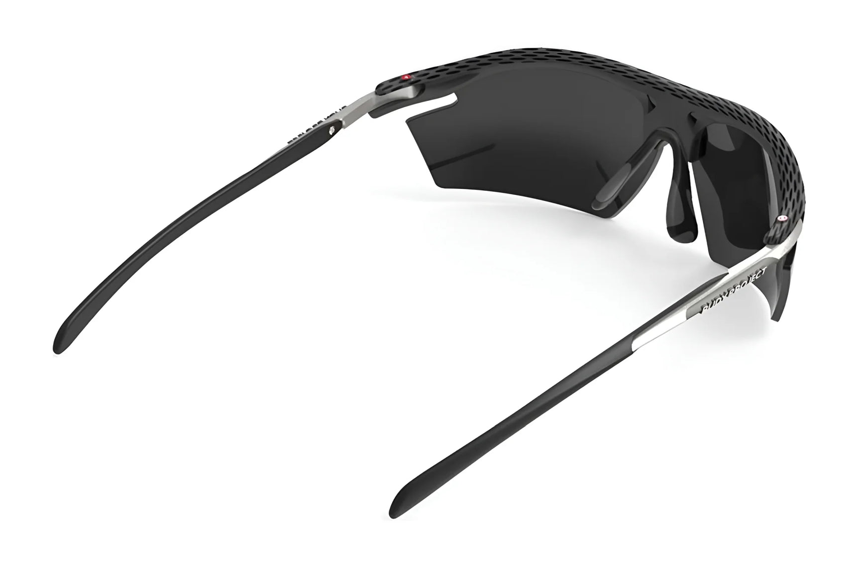 The Rudy Project Rydon Sunglasses by Rudy Project feature a black and silver curved frame, dark lenses, and adjustable anti-slip nosepads, shown from a rear angle.