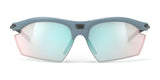 Rudy Project Rydon Sunglasses by Rudy Project: light gray sports shades with mirrored semi-rimless lenses and adjustable anti-slip nosepads, shown on a white background.