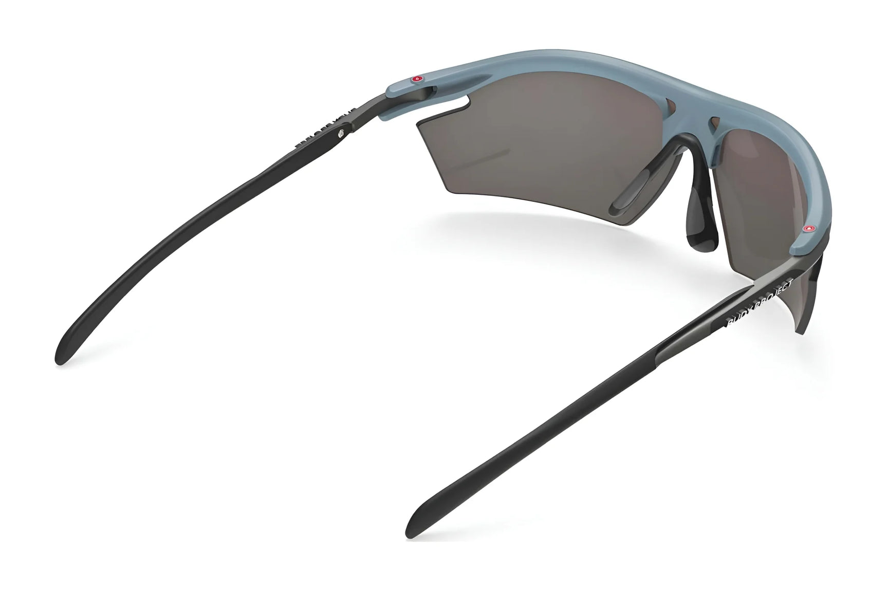 Rudy Project Rydon Sunglasses by Rudy Project shown from the rear, feature blue frames, dark lenses, and black arms on a white background. Adjustable anti-slip nosepads ensure comfort during intense activities.
