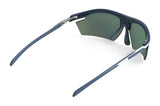 Rudy Project Rydon Sunglasses by Rudy Project in dark blue, shown from the back left with green lenses and adjustable anti-slip nosepads for a secure fit.