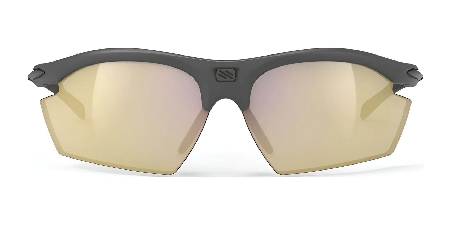 Rudy Project Rydon Sunglasses by Rudy Project feature gold mirrored lenses, a matte black frame, and adjustable anti-slip nosepads, shown on a white background.