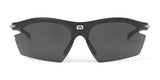 The Rudy Project Rydon Sunglasses by Rudy Project feature black semi-rimless frames, dark lenses, and adjustable anti-slip nosepads for a secure fit. Designed for active use, they support interchangeable lenses for versatile performance.