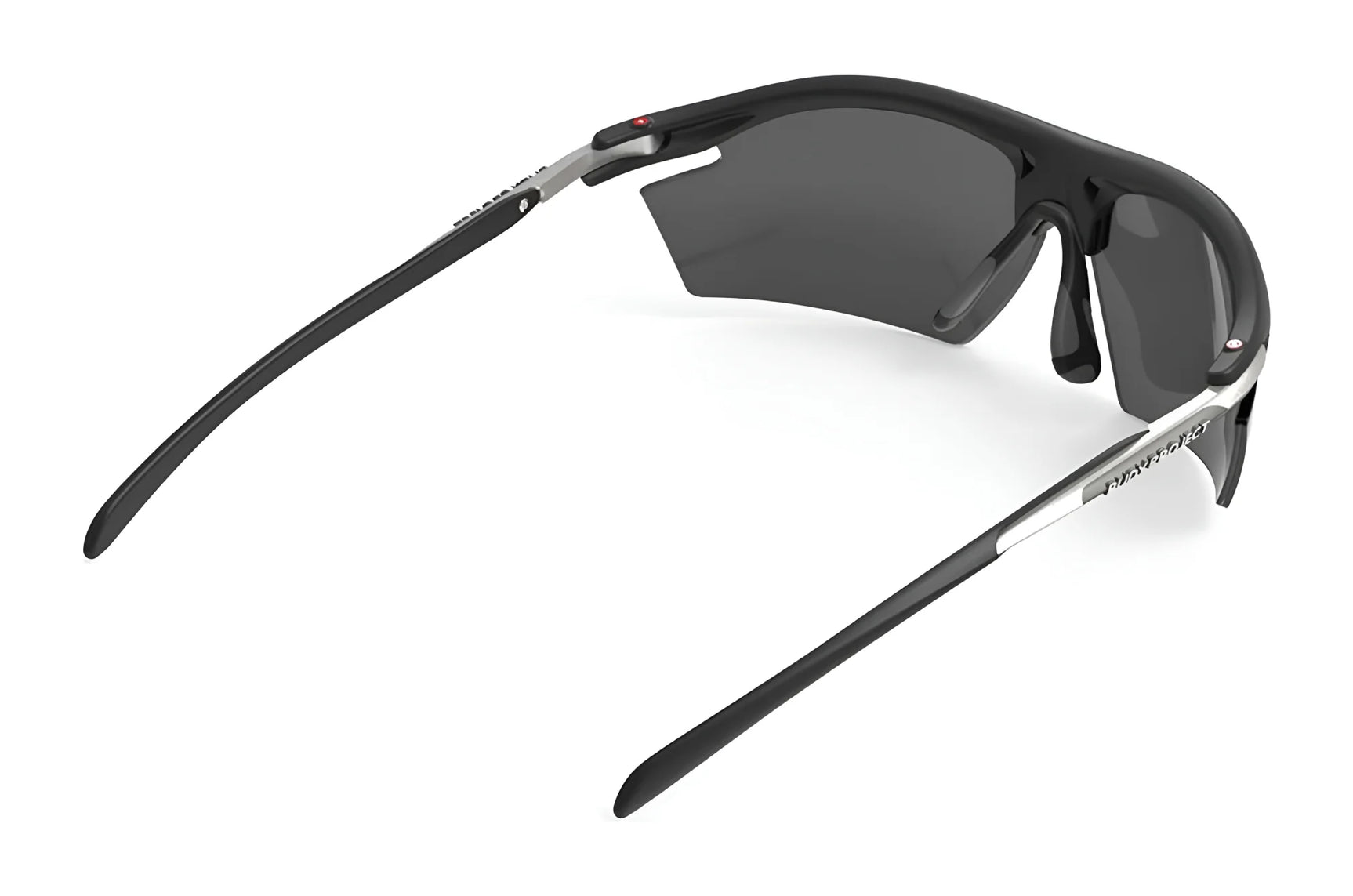 The Rudy Project Rydon Sunglasses by Rudy Project are black wraparound sports shades with dark lenses, shown from the rear on a white background. Adjustable anti-slip nosepads ensure a secure fit during intense activities.