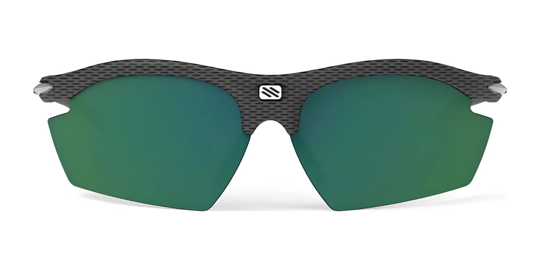 Rudy Project Rydon Sunglasses by Rudy Project feature green mirrored interchangeable lenses, a textured black frame, and adjustable anti-slip nosepads for a secure fit, shown front-facing on a white background. Rudy Project Rydon Sunglasses by Rudy Project feature green mirrored interchangeable lenses, a textured black frame, and adjustable anti-slip nosepads for a secure fit, shown front-facing on a white background.