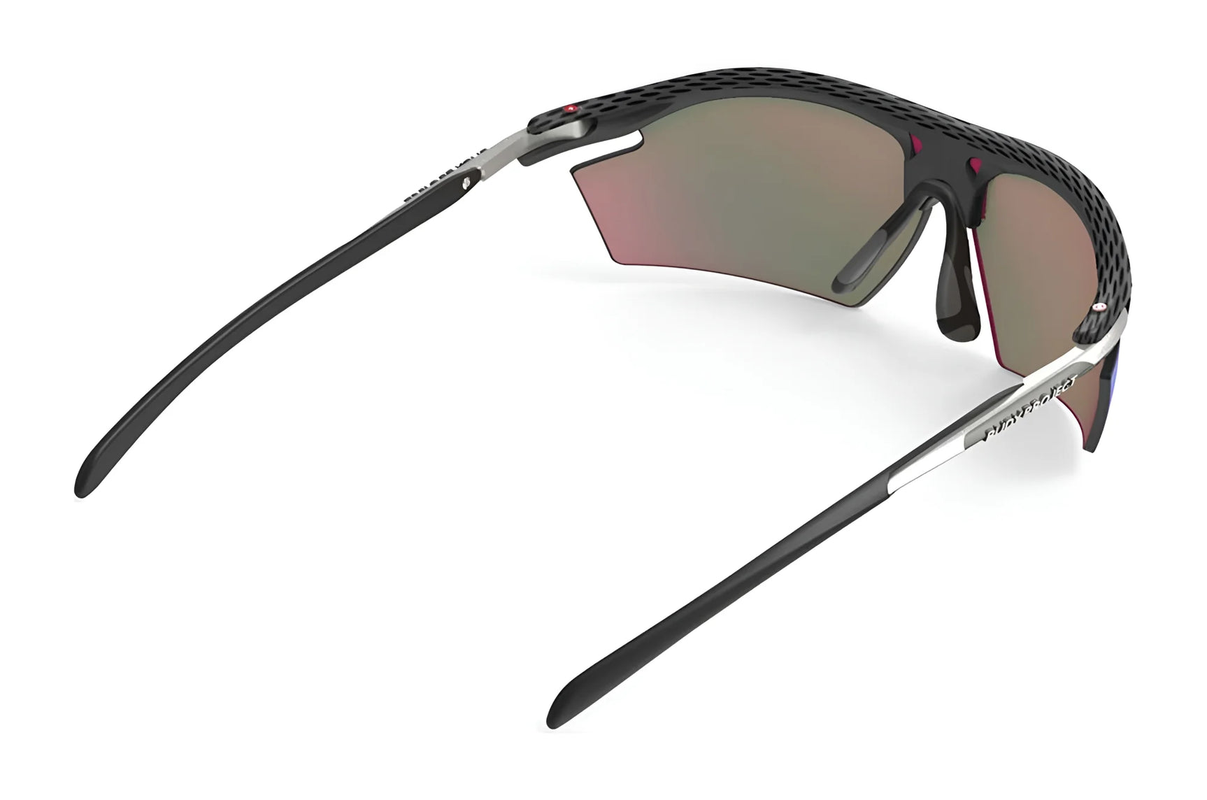 The Rudy Project Rydon Sunglasses by Rudy Project feature a black frame with red accents, mirrored angular lenses, and adjustable anti-slip nosepads, shown from the side. The Rudy Project Rydon Sunglasses by Rudy Project feature a black frame with red accents, mirrored angular lenses, and adjustable anti-slip nosepads, shown from the side.