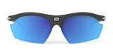 Rudy Project Rydon Sunglasses by Rudy Project feature blue mirrored lenses, a black textured frame, and adjustable anti-slip nosepads for comfort, shown on a white background.
