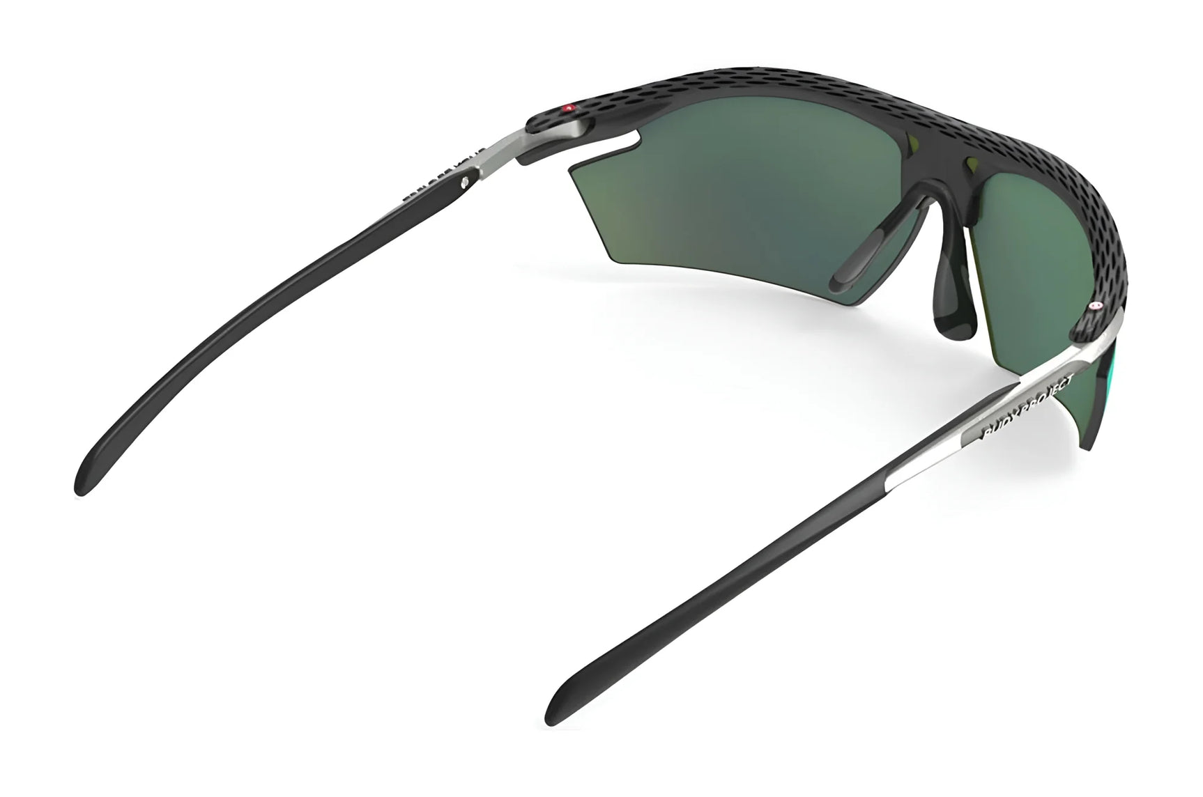 The Rudy Project Rydon Sunglasses by Rudy Project, shown in black and silver with green lenses and adjustable anti-slip nosepads, are displayed from the back and side on a white background. The Rudy Project Rydon Sunglasses by Rudy Project, shown in black and silver with green lenses and adjustable anti-slip nosepads, are displayed from the back and side on a white background.