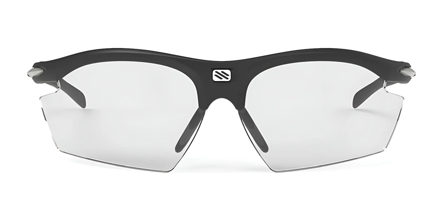 The Rudy Project Rydon Sunglasses feature a black frame, clear lenses, and a white logo above the nose bridge. Adjustable anti-slip nosepads deliver comfort and stability, making them ideal for any activity.