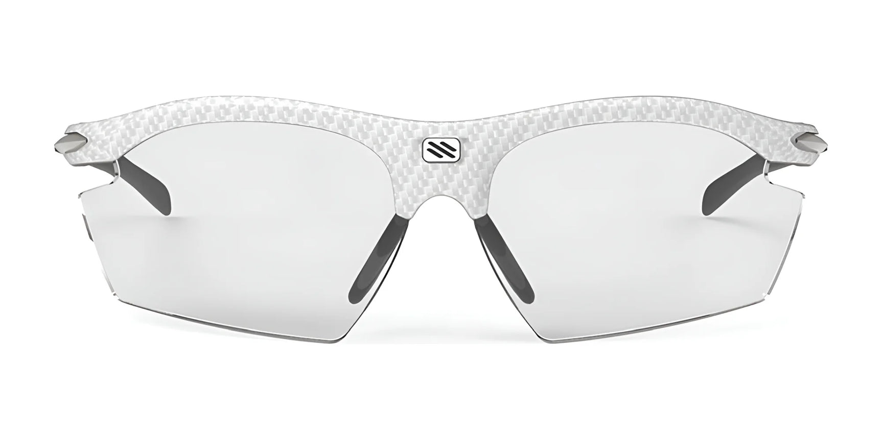 Rudy Project Rydon Sunglasses by Rudy Project feature a textured top rim, clear semi-rimless lenses, and adjustable anti-slip nosepads, displayed on a plain background. Rudy Project Rydon Sunglasses by Rudy Project feature a textured top rim, clear semi-rimless lenses, and adjustable anti-slip nosepads, displayed on a plain background.