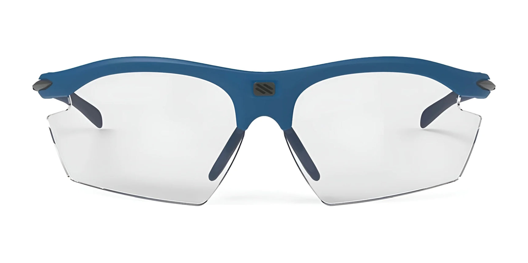 The Rudy Project Rydon Sunglasses by Rudy Project feature a blue frame, clear rimless lenses, and adjustable anti-slip nosepads, displayed against a plain white background.