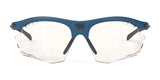 The Rudy Project Rydon Sunglasses by Rudy Project are blue-framed, rimless sports sunglasses with clear lenses, shown from the front and featuring adjustable anti-slip nosepads for a secure fit.