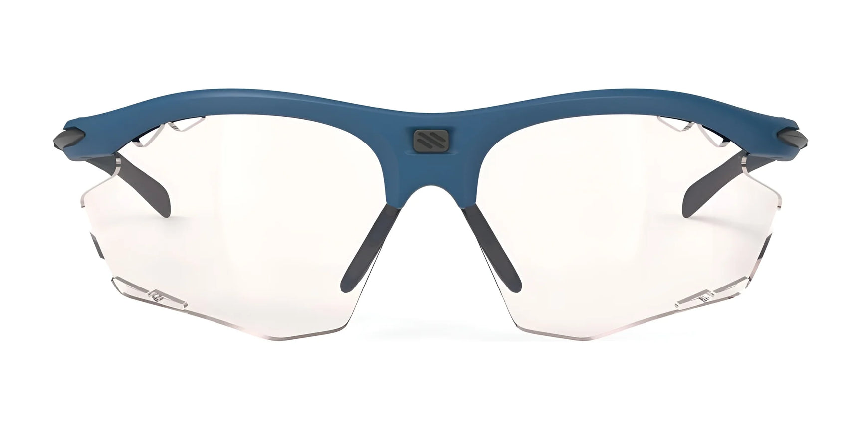 The Rudy Project Rydon Sunglasses by Rudy Project are blue-framed, rimless sports sunglasses with clear lenses, shown from the front and featuring adjustable anti-slip nosepads for a secure fit.