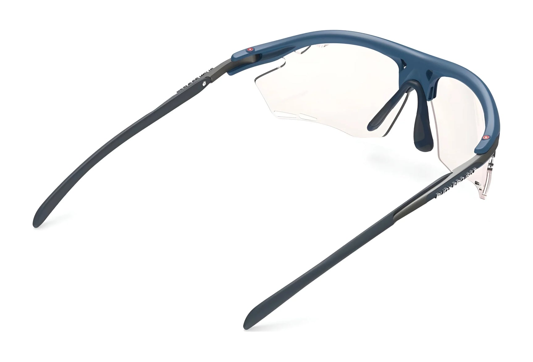 Rudy Project Rydon sunglasses by Rudy Project, featuring blue frames, clear lenses, and adjustable anti-slip nosepads, shown from the rear on a white background.