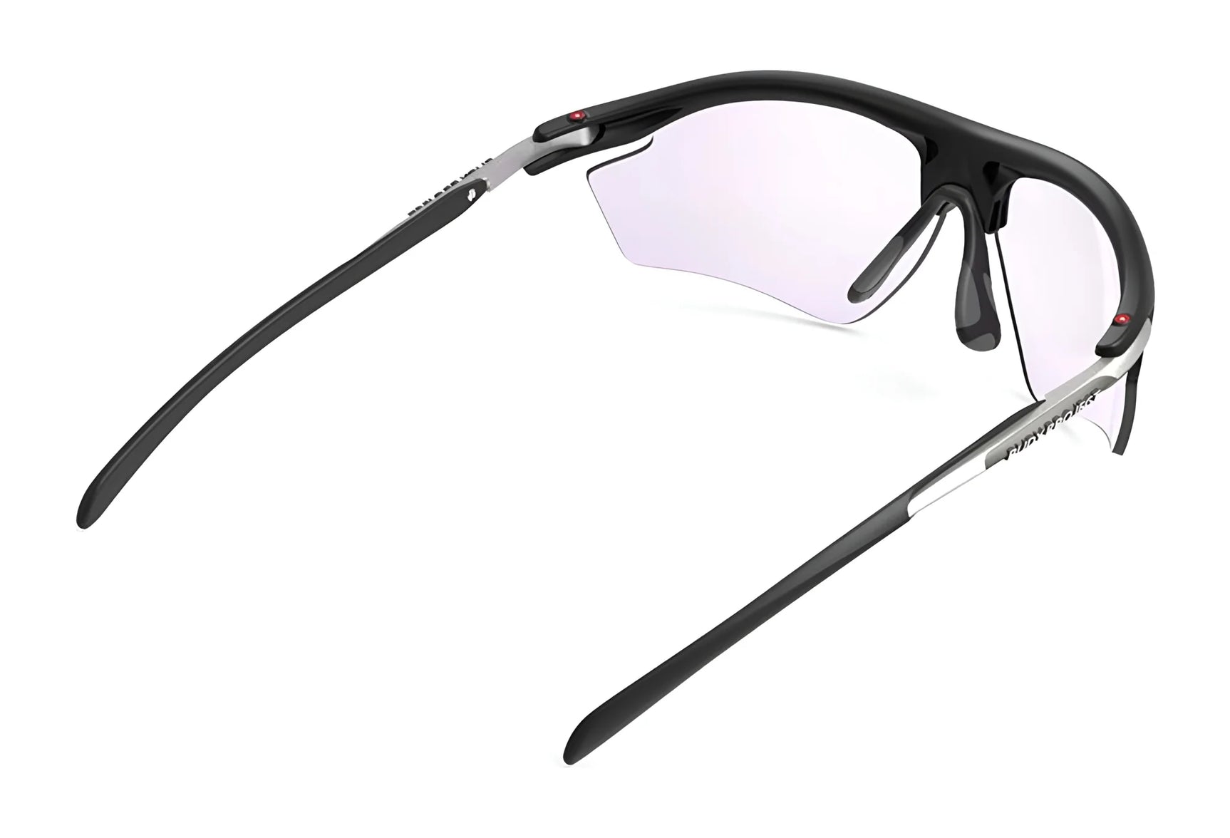 The Rudy Project Rydon Sunglasses by Rudy Project feature black frames, slightly tinted lenses, adjustable anti-slip nosepads, and are shown from a rear side angle for a secure, comfortable fit.