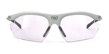Rudy Project Rydon Sunglasses by Rudy Project, shown from the front on a white background, feature a gray half-rim frame, clear lenses, and adjustable anti-slip nosepads.