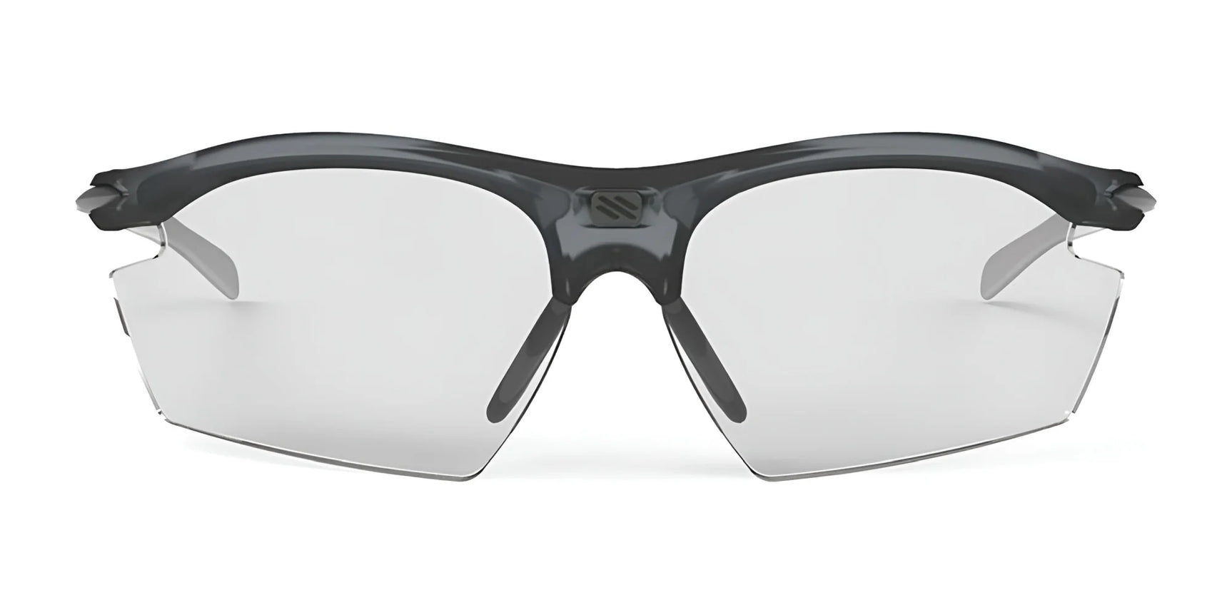 The Rudy Project Rydon Sunglasses by Rudy Project feature a black frame and clear, semi-rimless interchangeable lenses in a translucent sport design, shown from the front. The Rudy Project Rydon Sunglasses by Rudy Project feature a black frame and clear, semi-rimless interchangeable lenses in a translucent sport design, shown from the front.