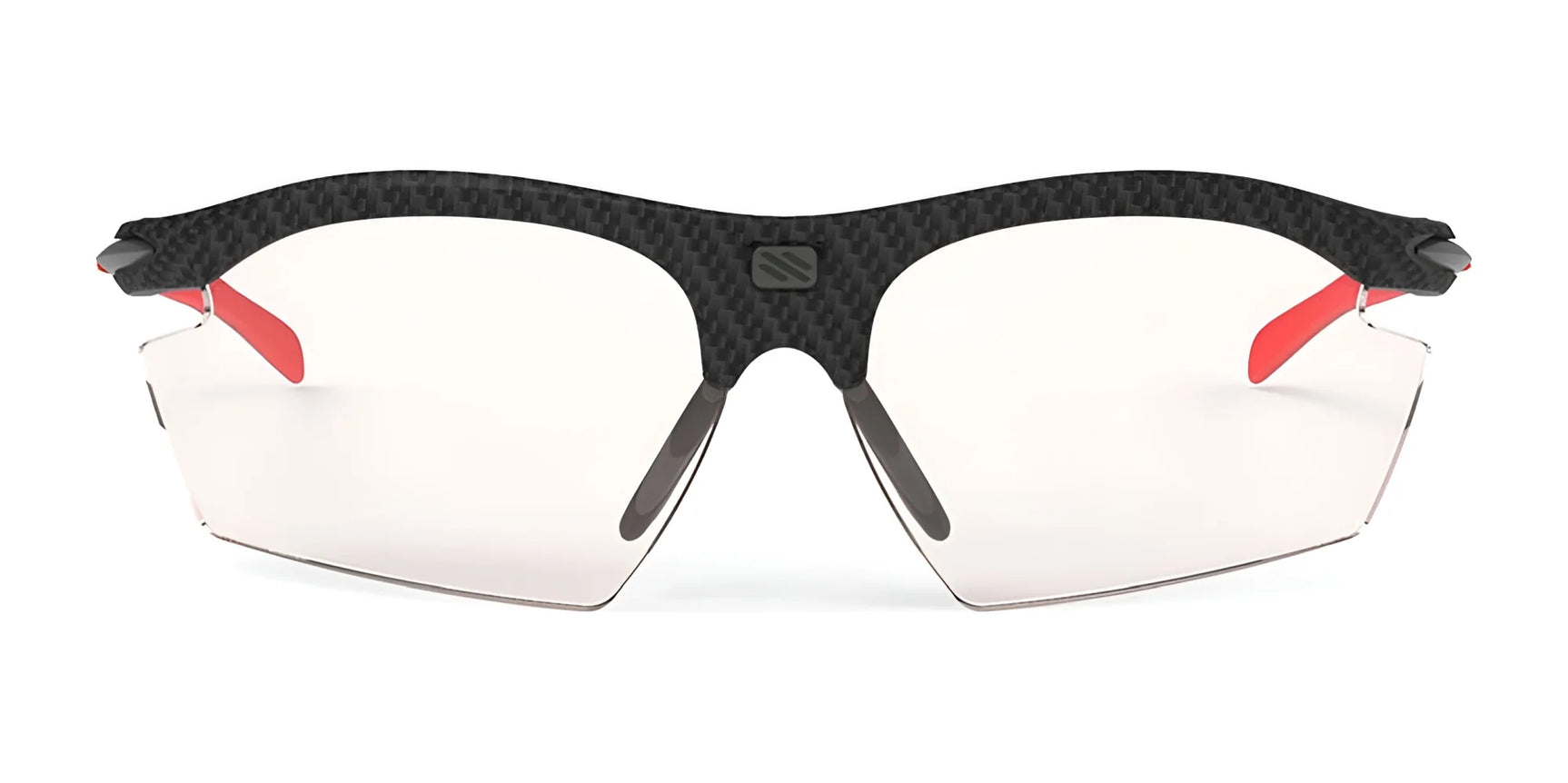 The Rudy Project Rydon Sunglasses by Rudy Project feature a black textured frame, red arms, clear lenses, and adjustable anti-slip nosepads for comfort and a secure fit during any activity. Shown from the front.