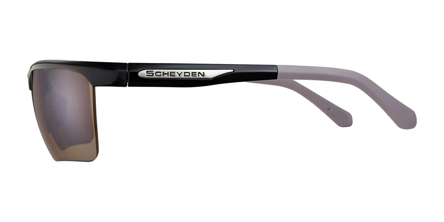 Side view of Scheyden CIA GRABBER sunglasses in black, showcasing a metallic "Scheyden" logo and gray arms, crafted from durable TR90 composite material. Side view of Scheyden CIA GRABBER sunglasses in black, showcasing a metallic "Scheyden" logo and gray arms, crafted from durable TR90 composite material.