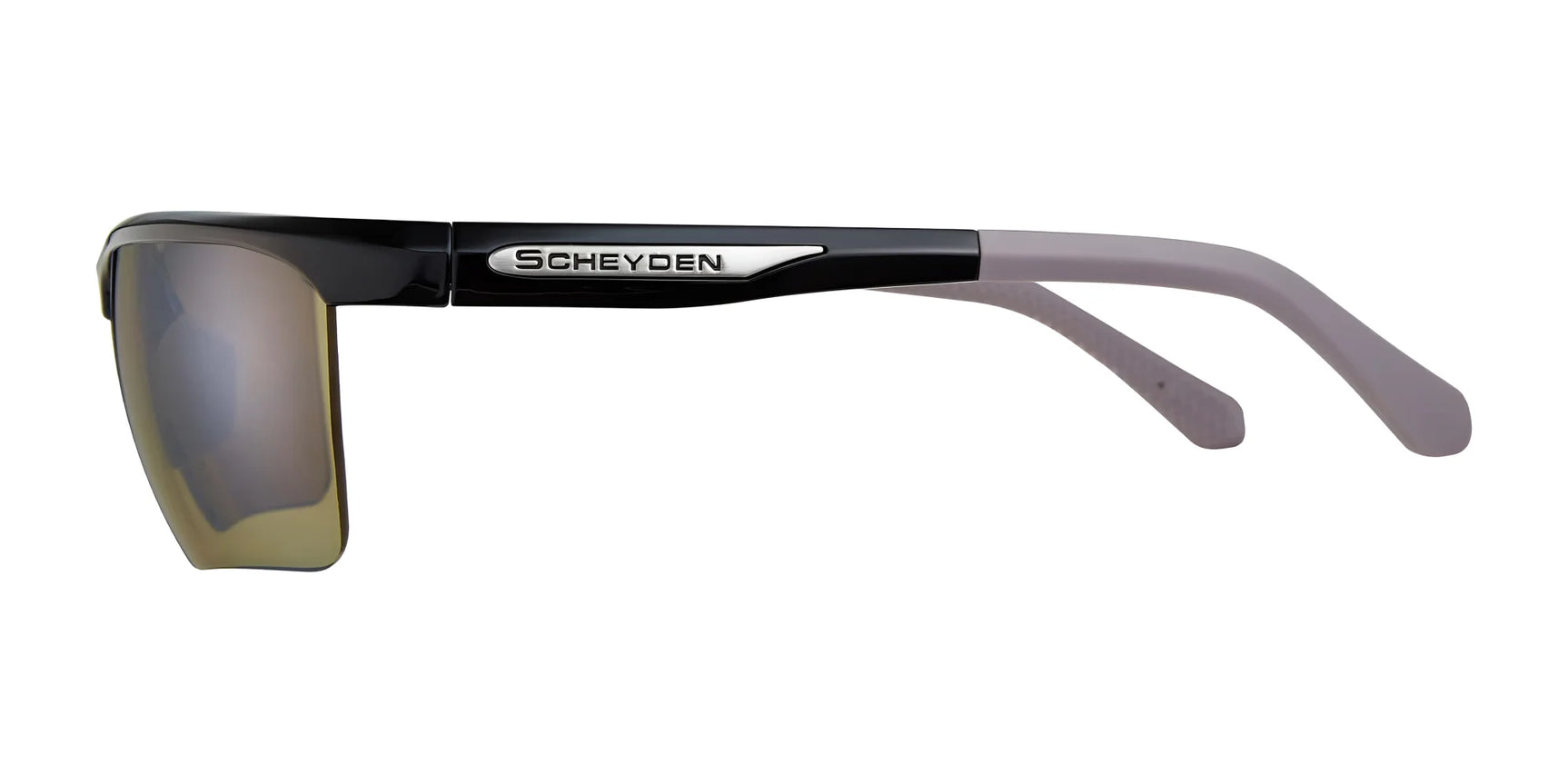 Side view of Scheyden CIA GRABBER sunglasses, size 65, featuring a sleek black TR90 composite frame and mirrored RSR lenses.