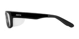 Side view of Ziena Kai Eyeglasses, size 52, in black with a wraparound design and soft silicone eyecup for comfort, featuring clear lenses.