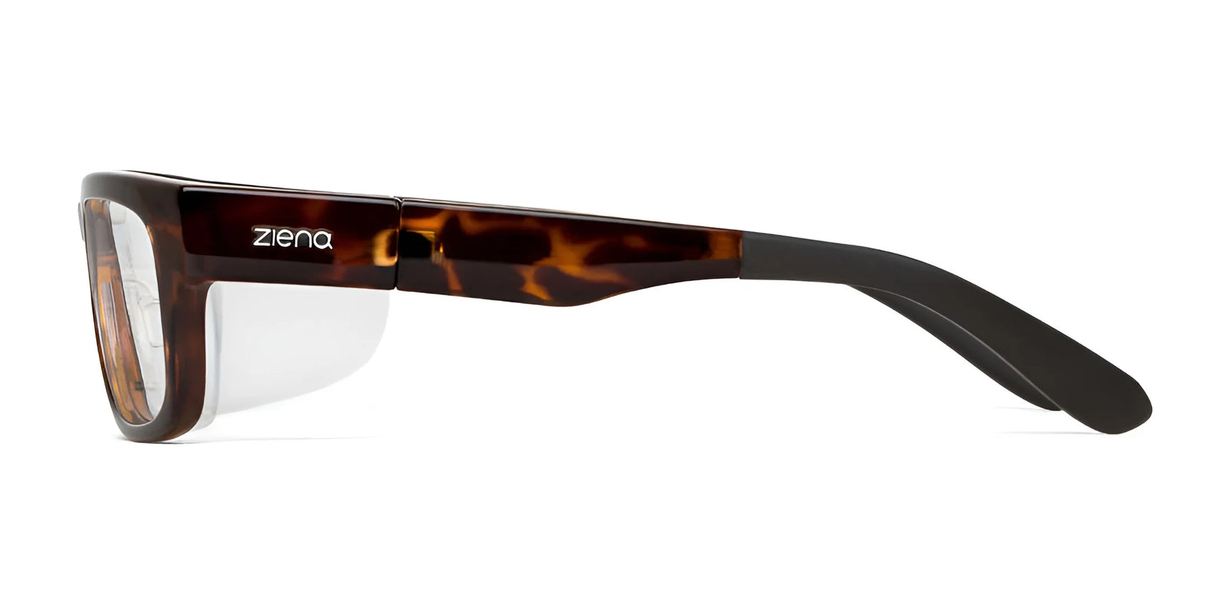 Side view of Ziena Kai Eyeglasses, size 52, with tortoiseshell frames and black arms, displaying the "Ziena" brand name on the side and featuring optical clarity lenses. Side view of Ziena Kai Eyeglasses, size 52, with tortoiseshell frames and black arms, displaying the "Ziena" brand name on the side and featuring optical clarity lenses.