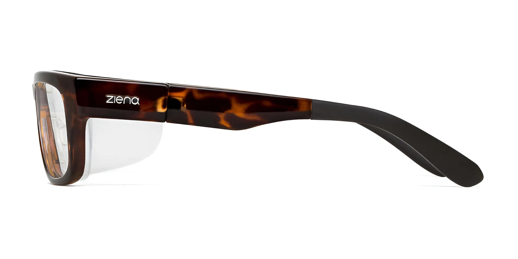 Side view of Ziena Kai Eyeglasses (Size 52) with tortoiseshell pattern, Optical Clarity Lenses, and sleek black temples on a white background.