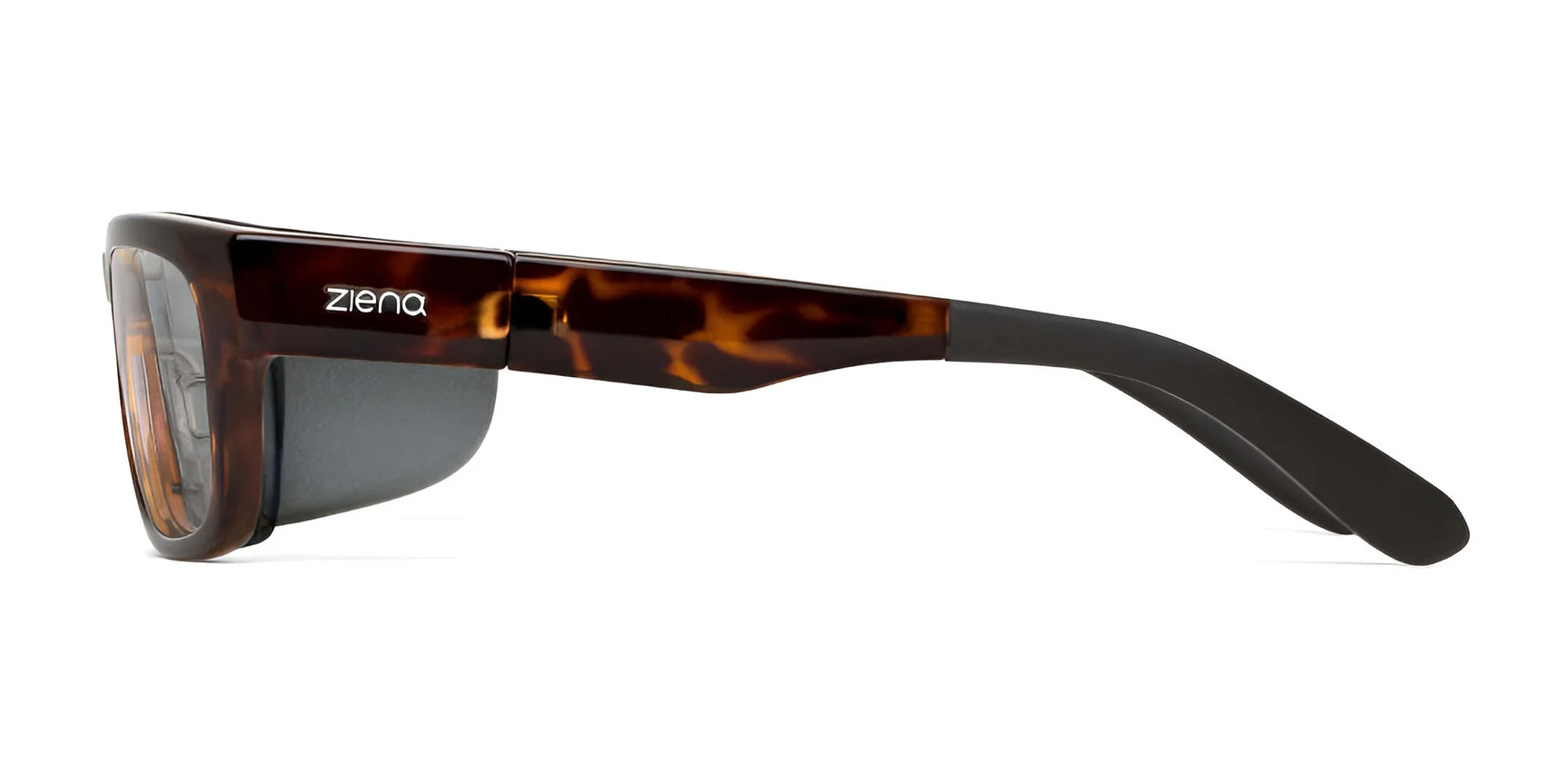 Side view of tortoiseshell Ziena Kai Eyeglasses, size 52, with black arms. The left arm displays the "Ziena" logo. Features Optical Clarity Lenses for clear vision.
